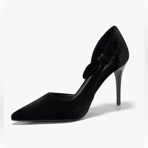 Black Stiletto Faux Suede Heels With Bow Detail Pointed Toe